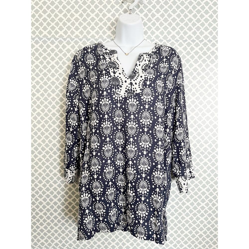Sigrid Olsen Linen Tunic Blouse Navy White Boho Coastal L - Picture 3 of 8